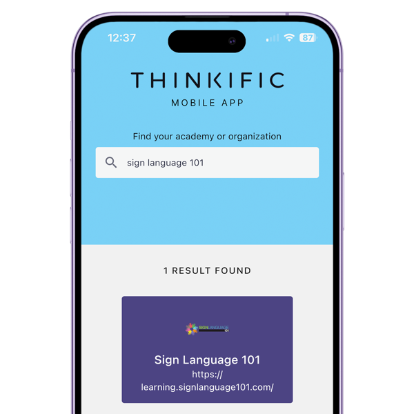 Results showing Sign Language 101 in Thinkific mobile app