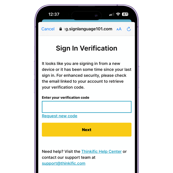 Verification code screen in Thinkific mobile app